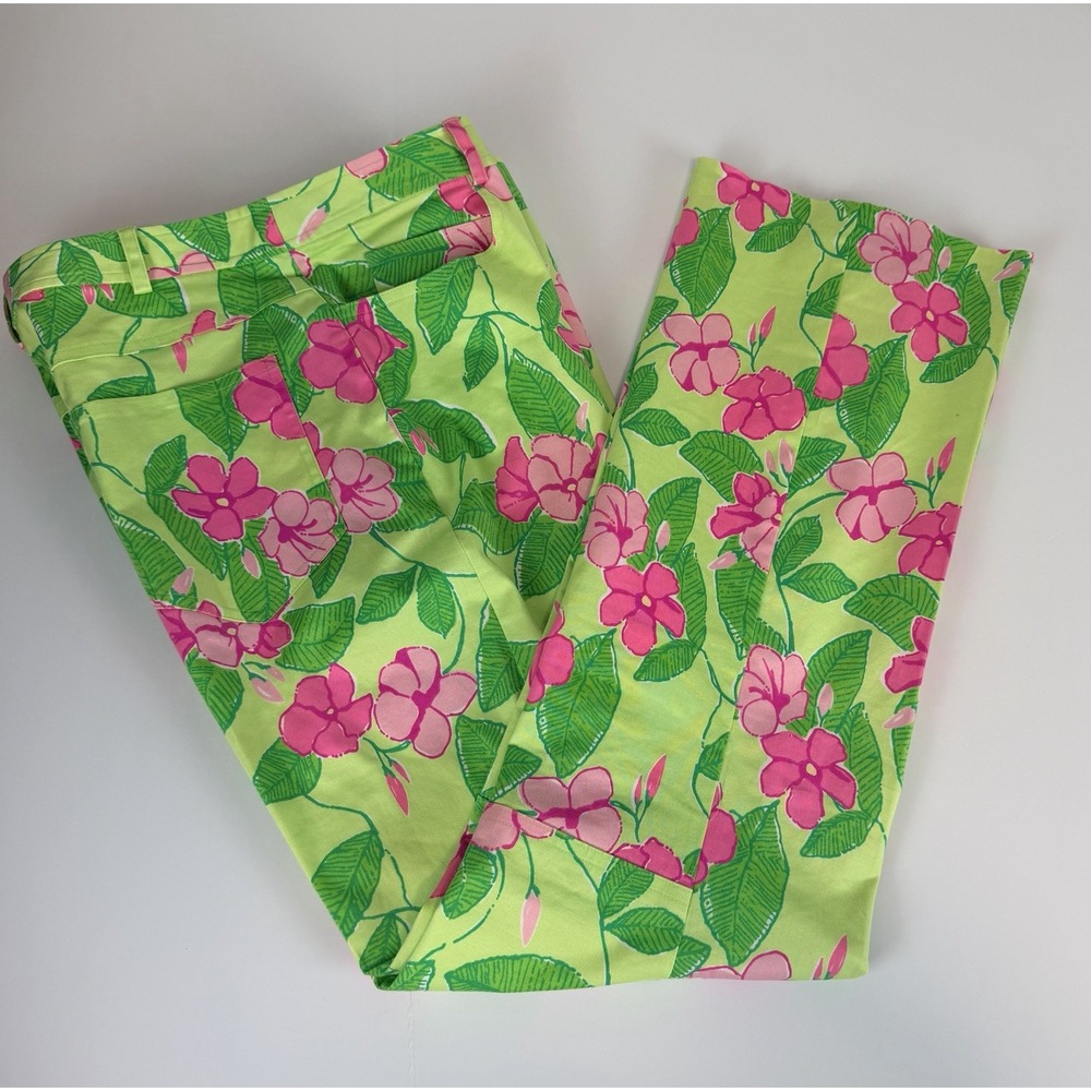 Vintage Lilly Pulitzer Size 6 Mandevilla Pants Green Pink Floral Print Twill